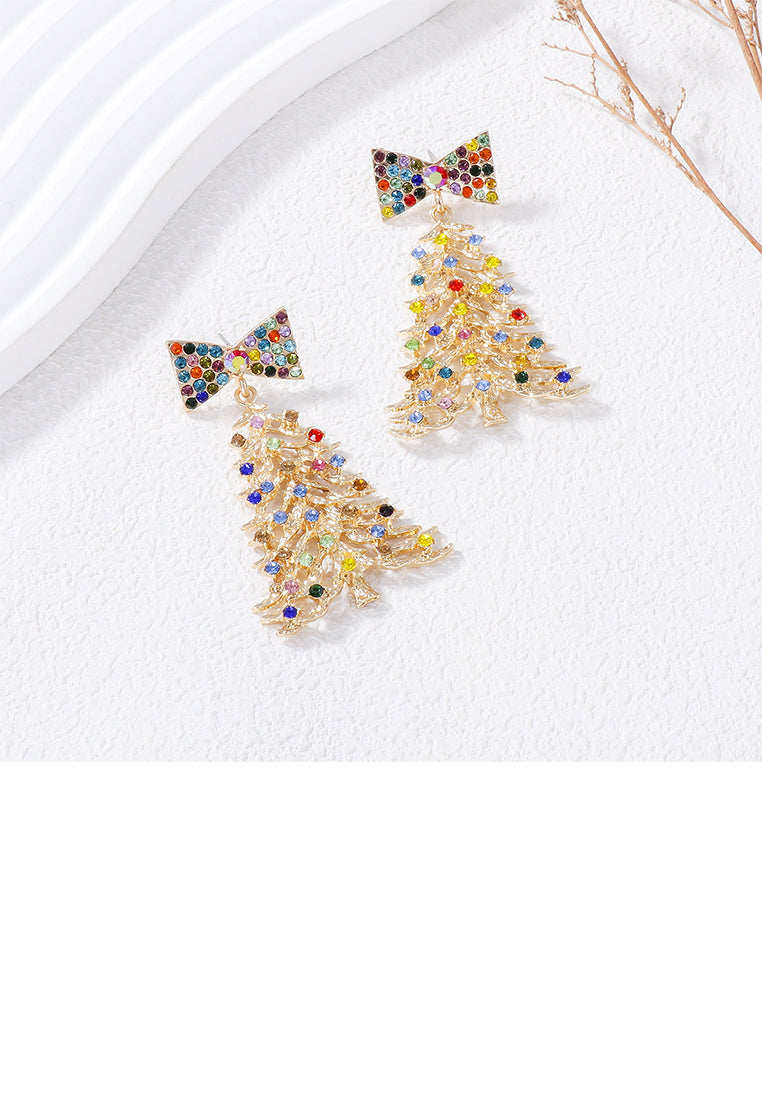 Simple Cute Gold Christmas Tree Ribbon Stud Earrings with Cubic Zirconia - Luxurious Look