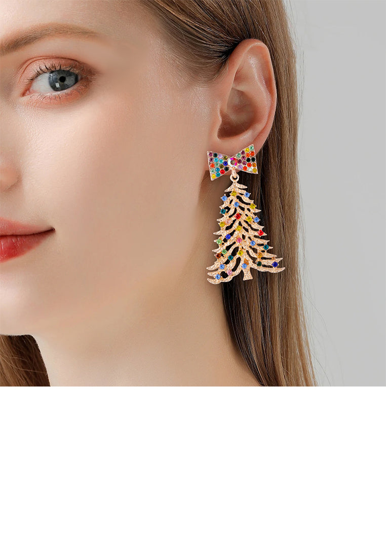 Simple Cute Gold Christmas Tree Ribbon Stud Earrings with Cubic Zirconia - Luxurious Look