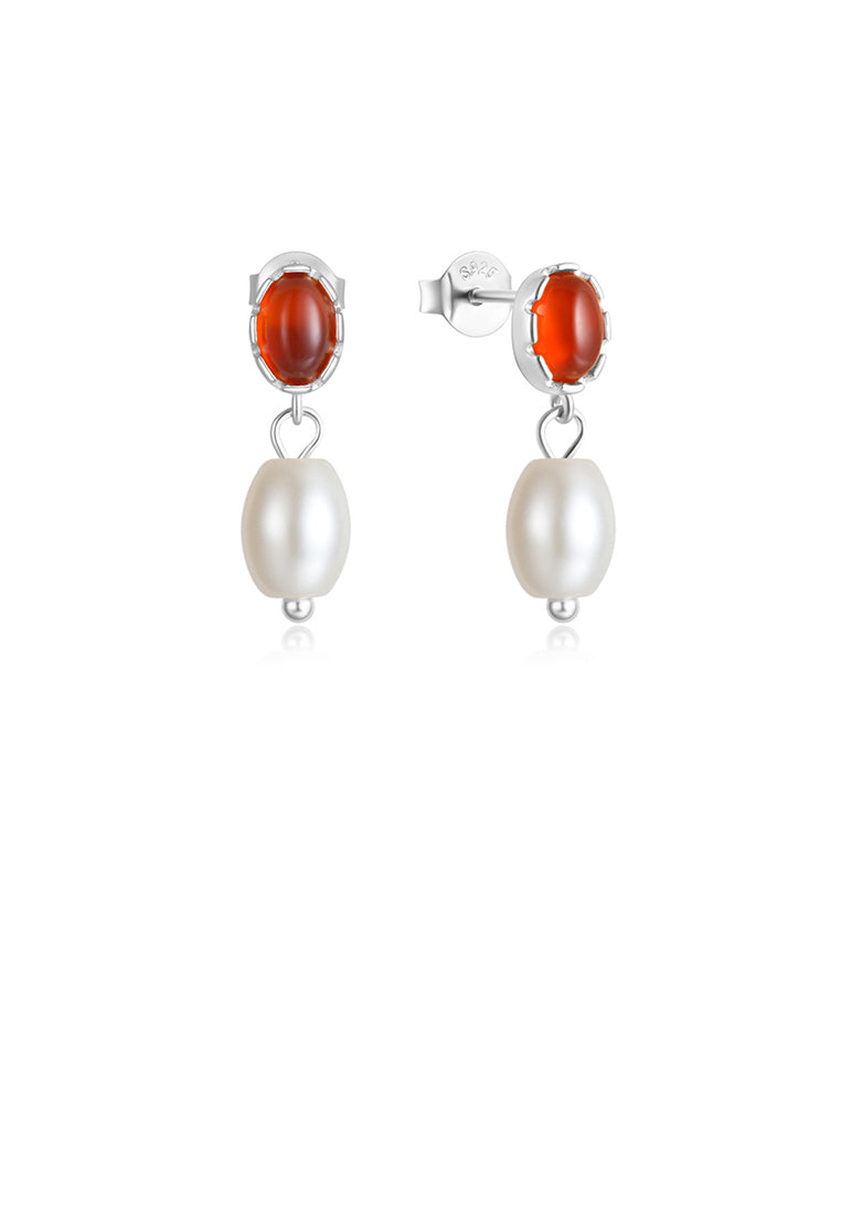 925 Sterling Silver Fashion and Elegant Geometric Red Agate Earrings with Imitation Pearls - Vibrant Color