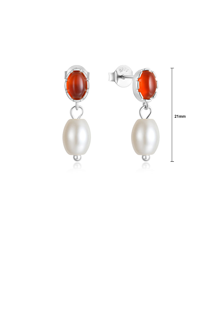 925 Sterling Silver Fashion and Elegant Geometric Red Agate Earrings with Imitation Pearls - Vibrant Color