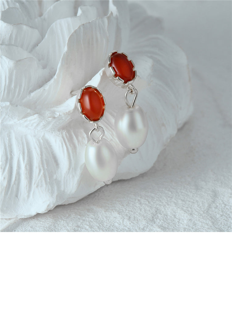 925 Sterling Silver Fashion and Elegant Geometric Red Agate Earrings with Imitation Pearls - Vibrant Color