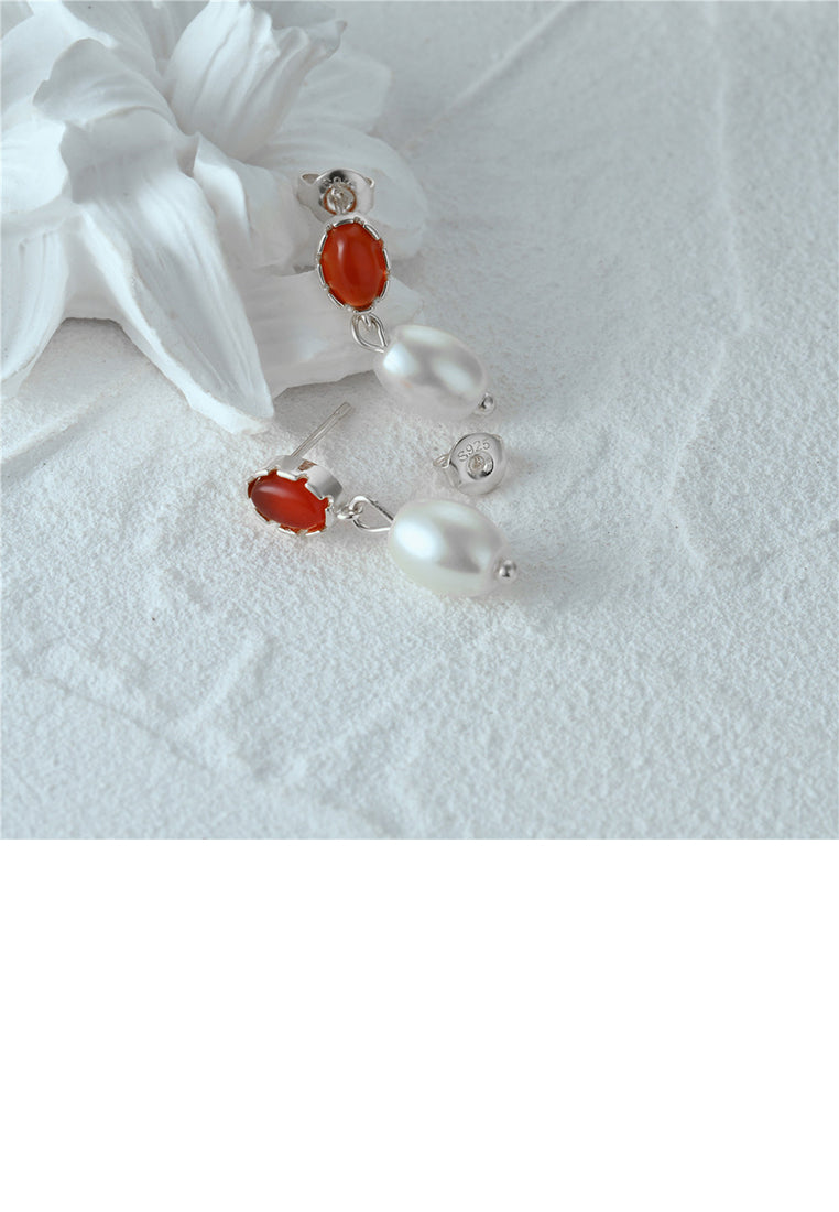 925 Sterling Silver Fashion and Elegant Geometric Red Agate Earrings with Imitation Pearls - Vibrant Color