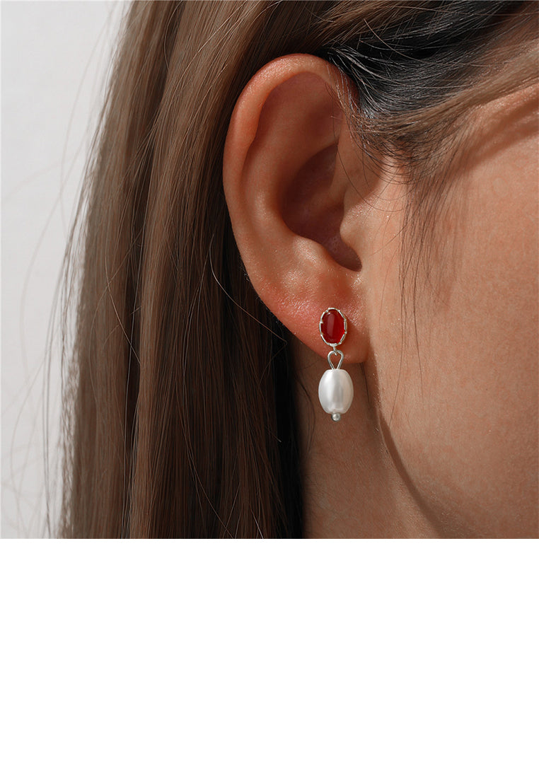 925 Sterling Silver Fashion and Elegant Geometric Red Agate Earrings with Imitation Pearls - Vibrant Color