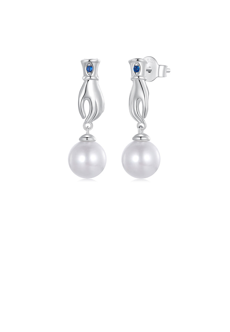 925 Sterling Silver Elegant and Fashion Devils Hand Imitation Pearl Earrings with Cubic Zirconia - Luxurious Look
