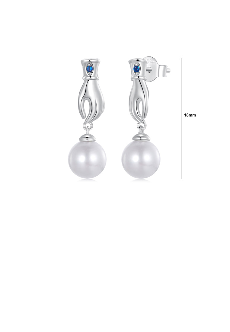 925 Sterling Silver Elegant and Fashion Devils Hand Imitation Pearl Earrings with Cubic Zirconia - Luxurious Look