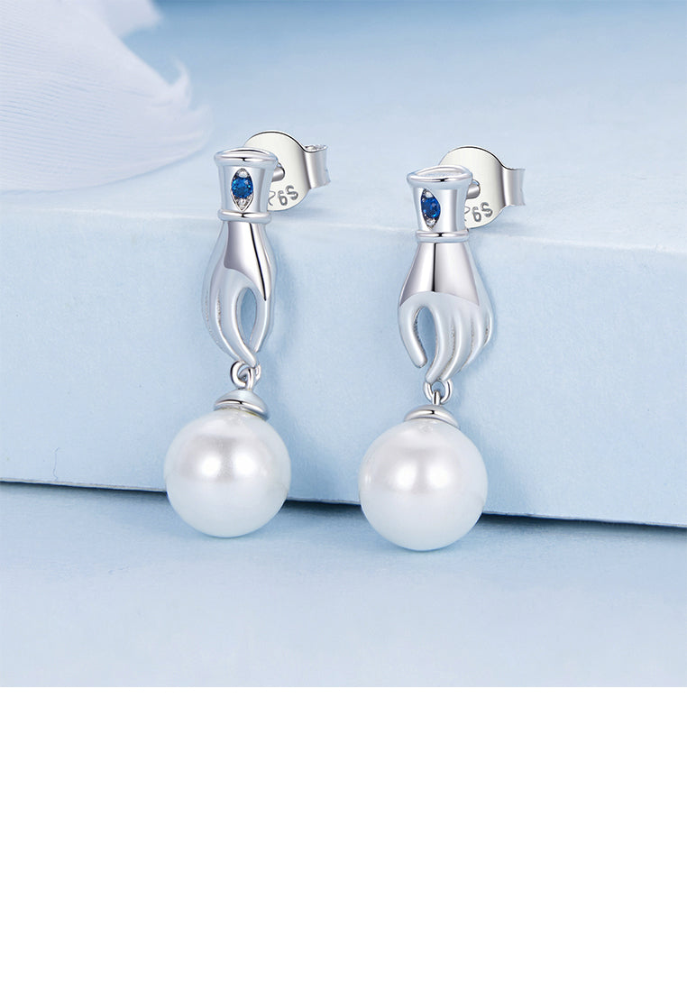 925 Sterling Silver Elegant and Fashion Devils Hand Imitation Pearl Earrings with Cubic Zirconia - Luxurious Look