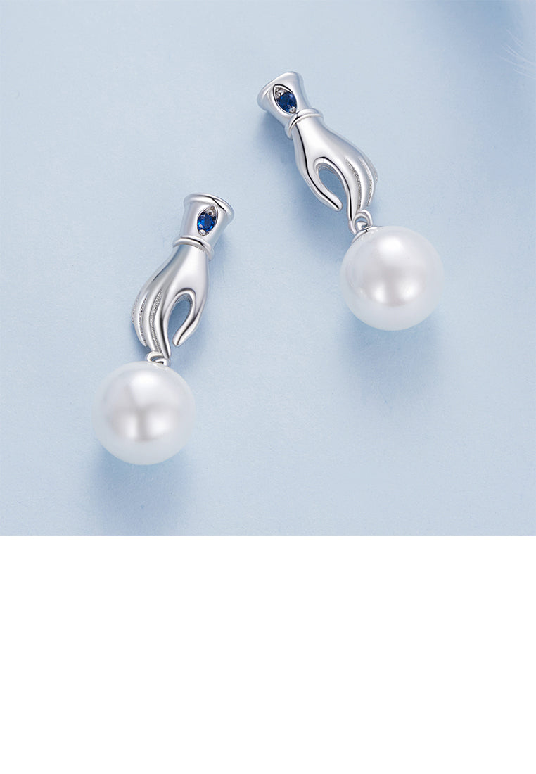 925 Sterling Silver Elegant and Fashion Devils Hand Imitation Pearl Earrings with Cubic Zirconia - Luxurious Look