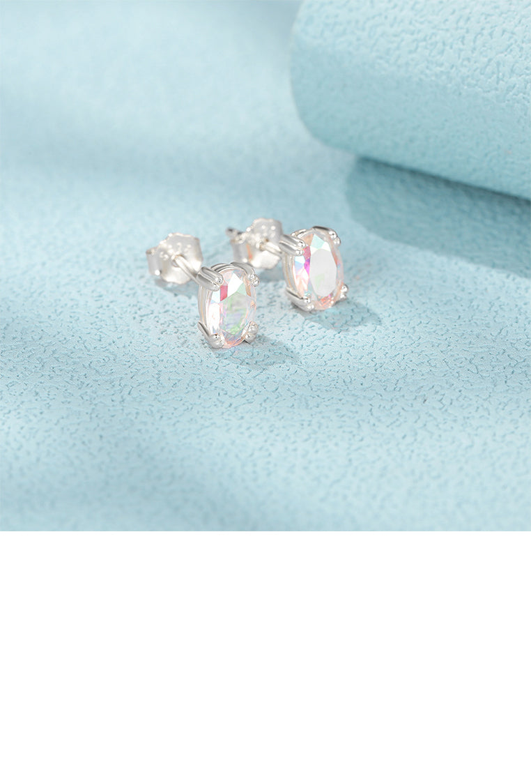 925 Sterling Silver Simple Fashion Geometric Oval Color Cubic Zirconia Stud Earrings - Luxurious Look
