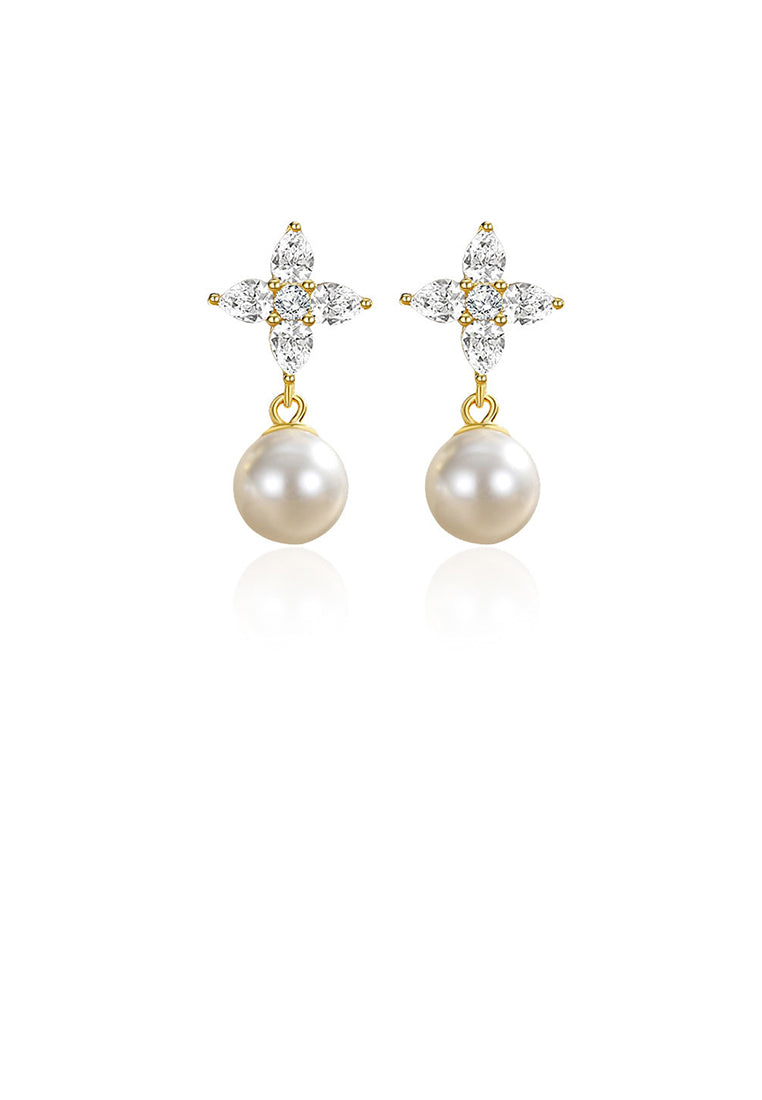 925 Sterling Silver Plated Gold Fashion Elegant Four-Leafed Clover Imitation Pearl Earrings with Cubic Zirconia - Luxurious Look