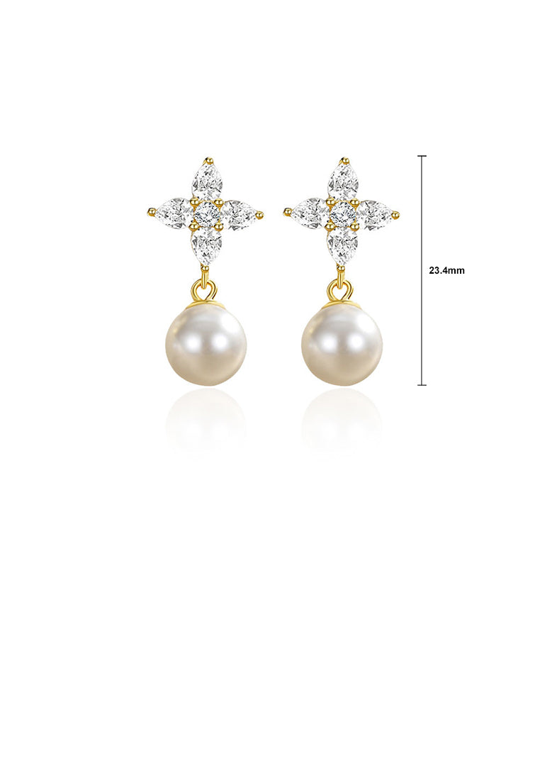 925 Sterling Silver Plated Gold Fashion Elegant Four-Leafed Clover Imitation Pearl Earrings with Cubic Zirconia - Luxurious Look