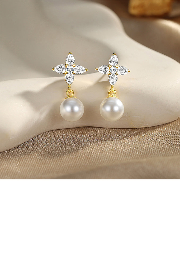 925 Sterling Silver Plated Gold Fashion Elegant Four-Leafed Clover Imitation Pearl Earrings with Cubic Zirconia - Luxurious Look