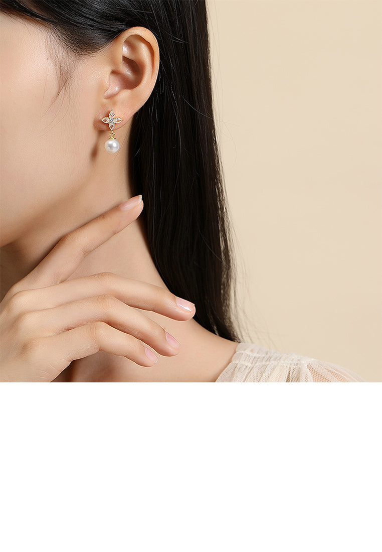 925 Sterling Silver Plated Gold Fashion Elegant Four-Leafed Clover Imitation Pearl Earrings with Cubic Zirconia - Luxurious Look