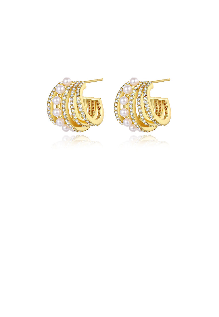 Fashion Simple Plated Gold C-Shape Multilayer Geometric Imitation Pearl Stud Earrings with Cubic Zirconia - Luxurious Look