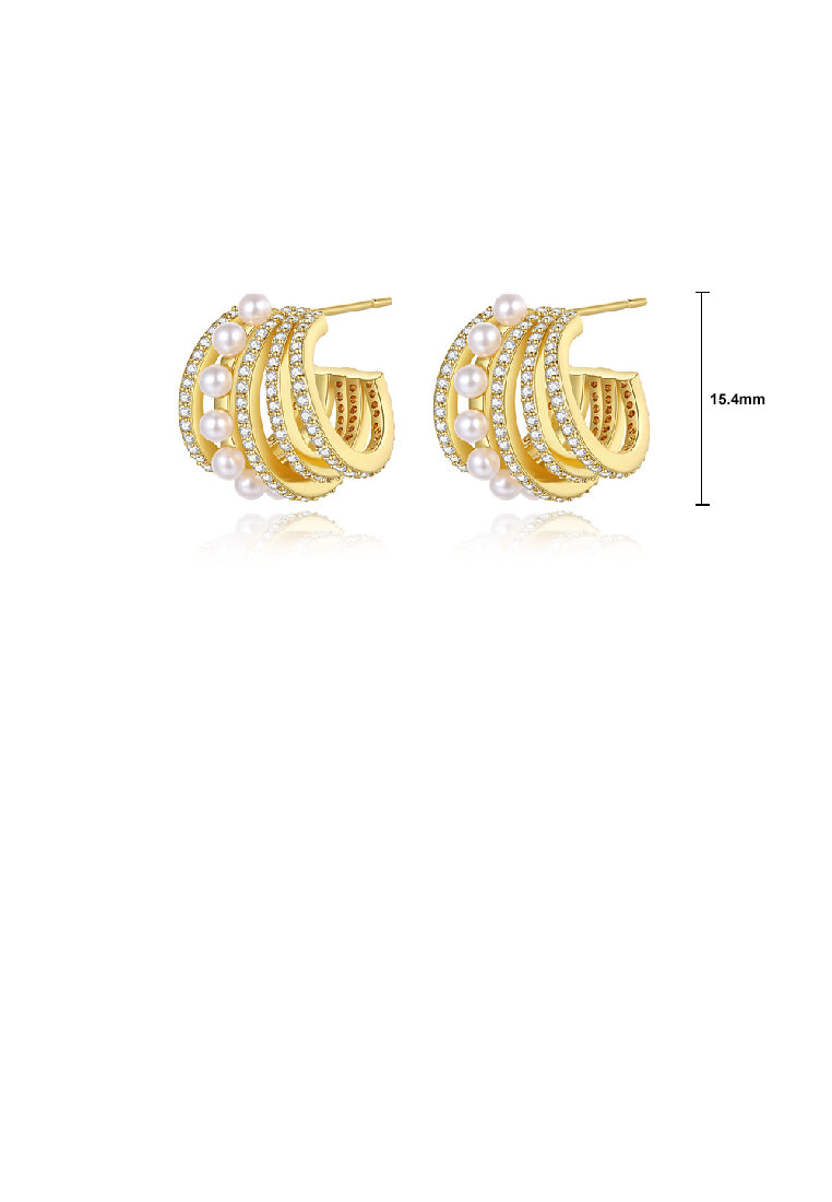 Fashion Simple Plated Gold C-Shape Multilayer Geometric Imitation Pearl Stud Earrings with Cubic Zirconia - Luxurious Look