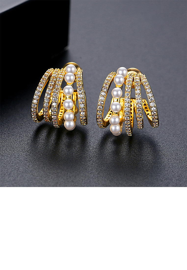 Fashion Simple Plated Gold C-Shape Multilayer Geometric Imitation Pearl Stud Earrings with Cubic Zirconia - Luxurious Look