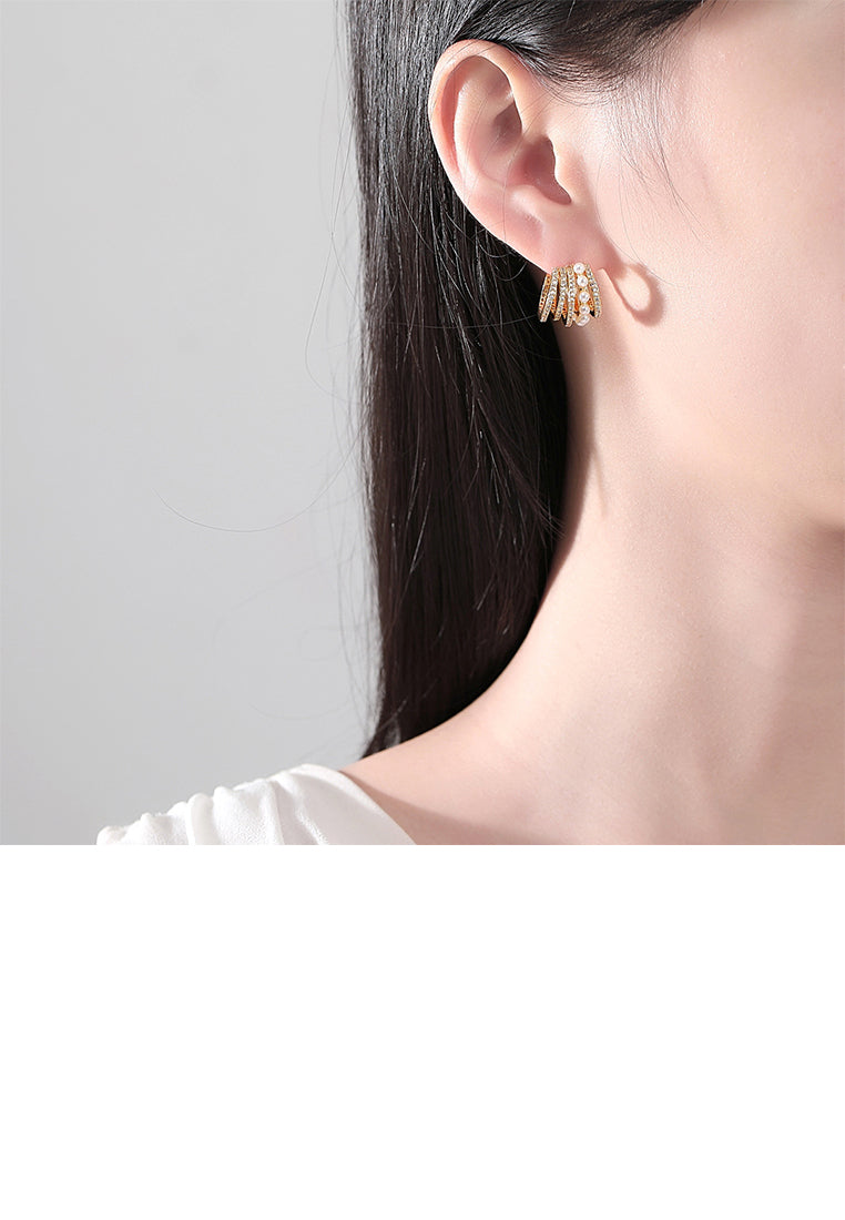 Fashion Simple Plated Gold C-Shape Multilayer Geometric Imitation Pearl Stud Earrings with Cubic Zirconia - Luxurious Look