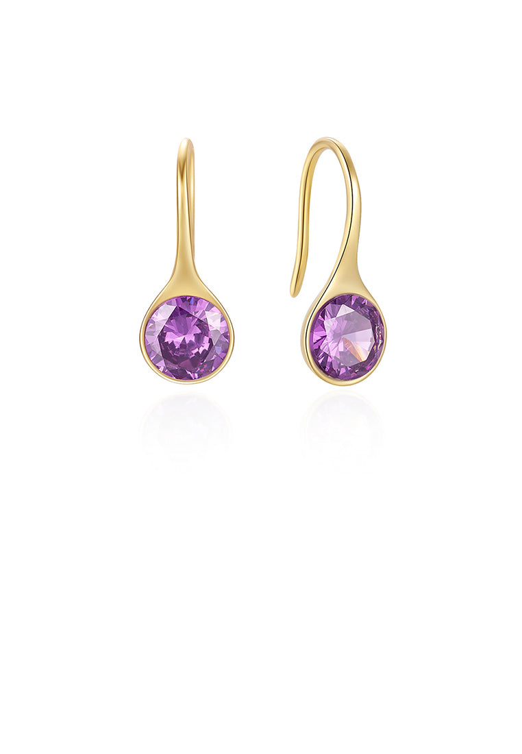925 Sterling Silver Plated Gold Simple Geometric Round Earrings with Purple Cubic Zirconia - Luxurious Look