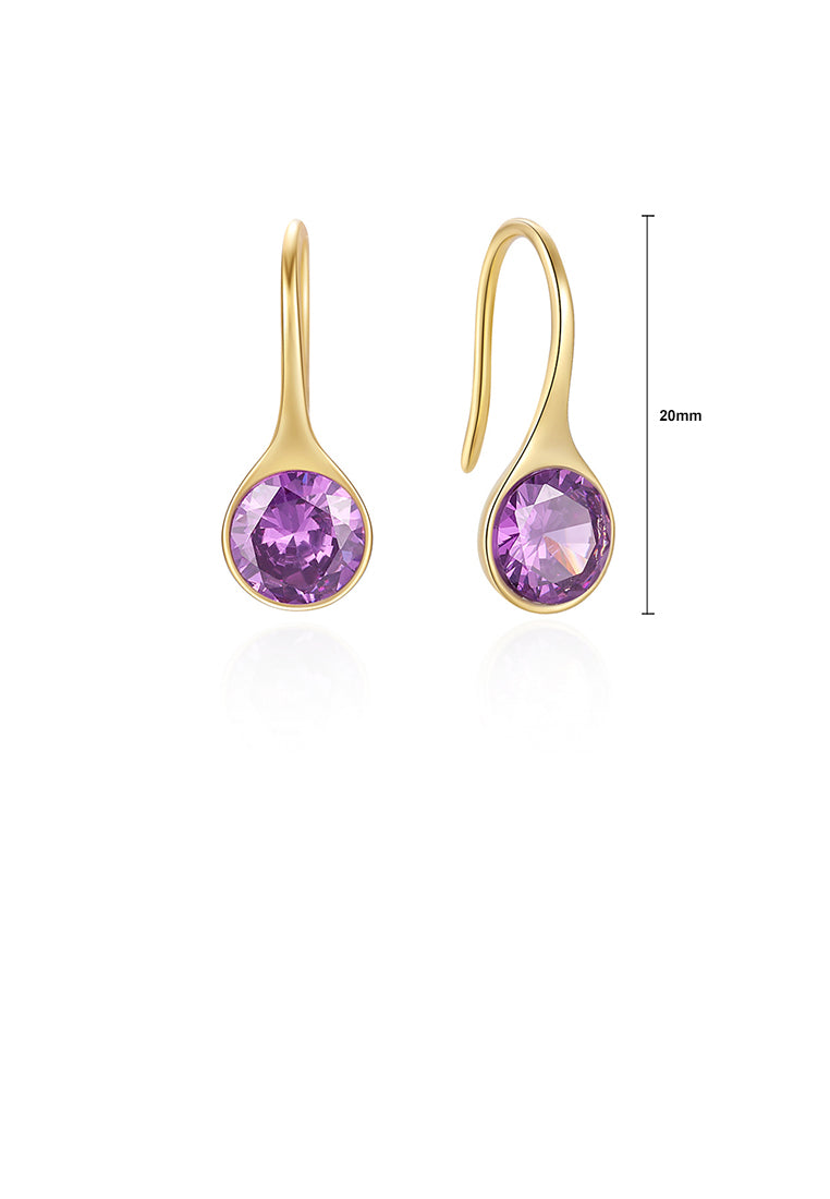 925 Sterling Silver Plated Gold Simple Geometric Round Earrings with Purple Cubic Zirconia - Luxurious Look