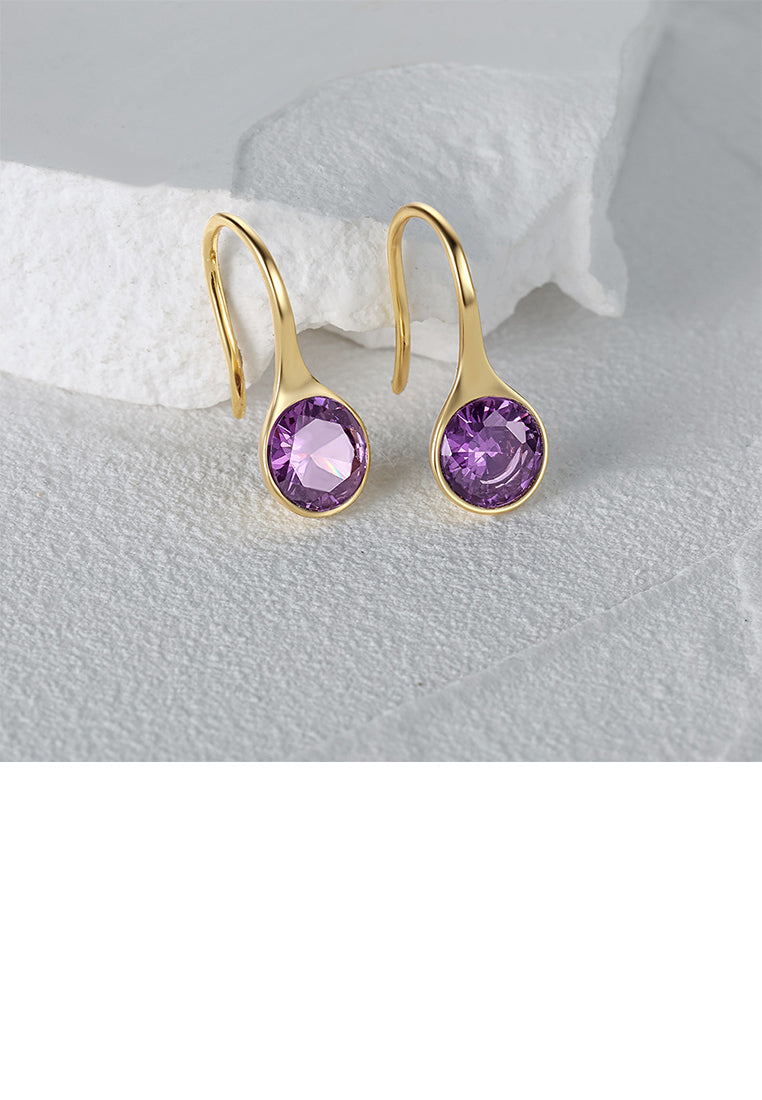 925 Sterling Silver Plated Gold Simple Geometric Round Earrings with Purple Cubic Zirconia - Luxurious Look