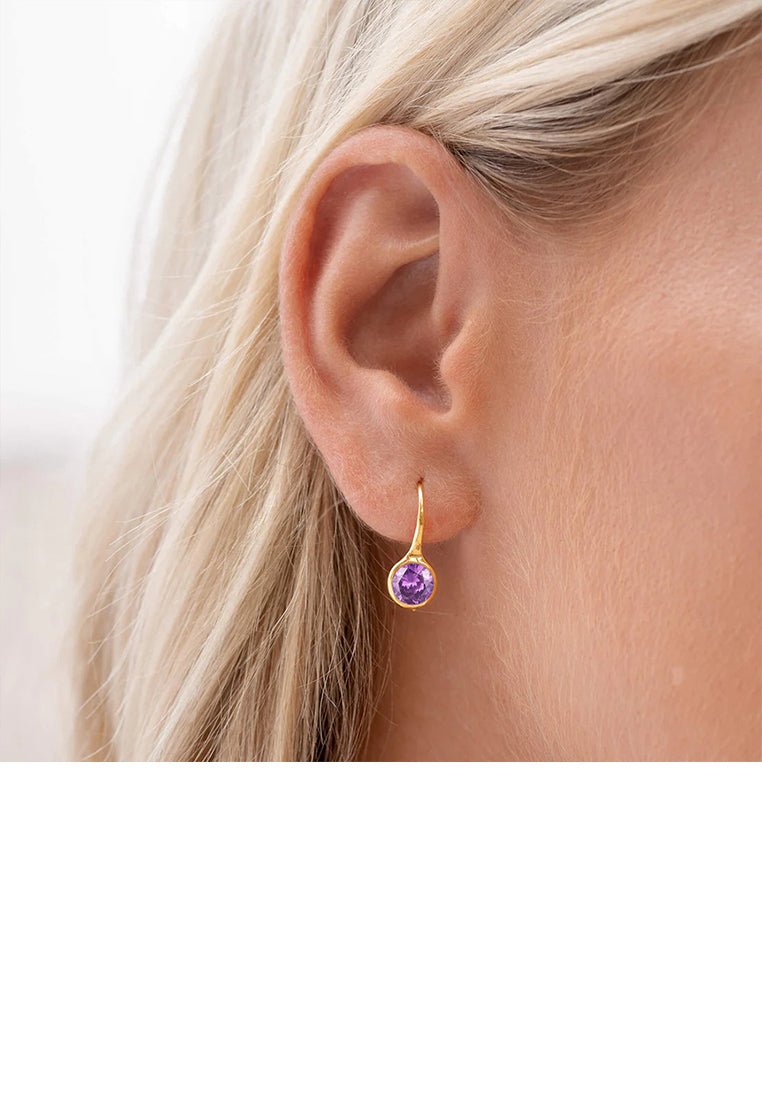 925 Sterling Silver Plated Gold Simple Geometric Round Earrings with Purple Cubic Zirconia - Luxurious Look