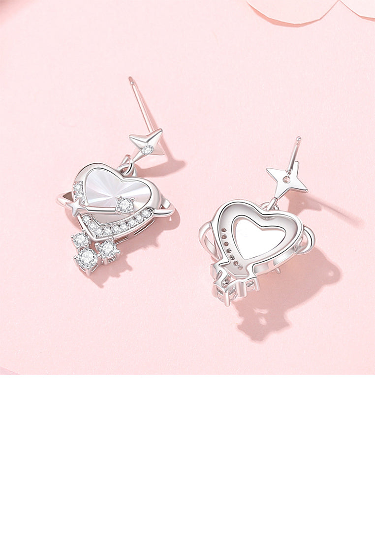 925 Sterling Silver Fashion Simple Heart-shaped Mother-of-pearl Planet Stud Earrings with Cubic Zirconia - Luxurious Look