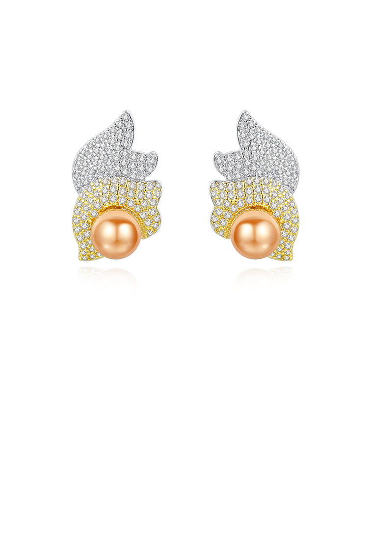 Fashion Brilliant Two-tone Leaf Yellow Imitation Pearl Stud Earrings with Cubic Zirconia - Luxurious Look