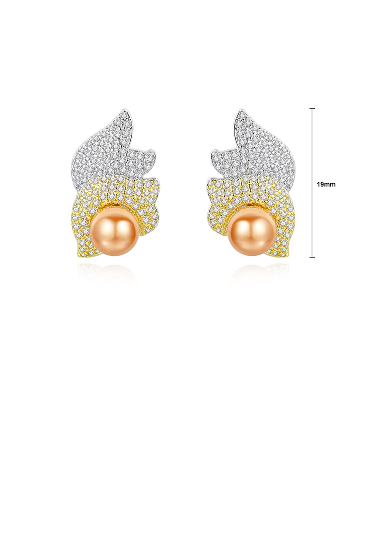 Fashion Brilliant Two-tone Leaf Yellow Imitation Pearl Stud Earrings with Cubic Zirconia - Luxurious Look