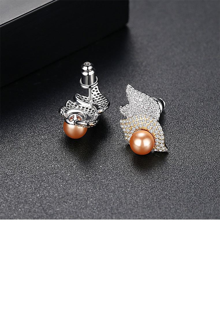 Fashion Brilliant Two-tone Leaf Yellow Imitation Pearl Stud Earrings with Cubic Zirconia - Luxurious Look