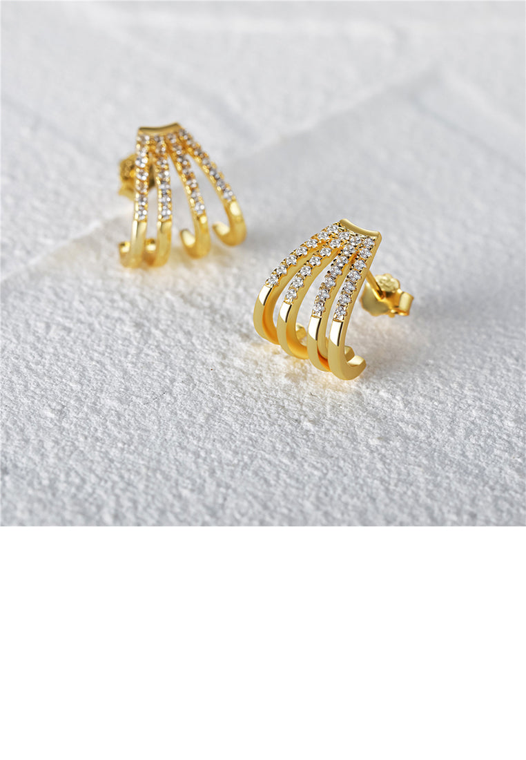 925 Sterling Silver Plated Gold Fashion Personality Hook Geometric Stud Earrings with Cubic Zirconia - Luxurious Look