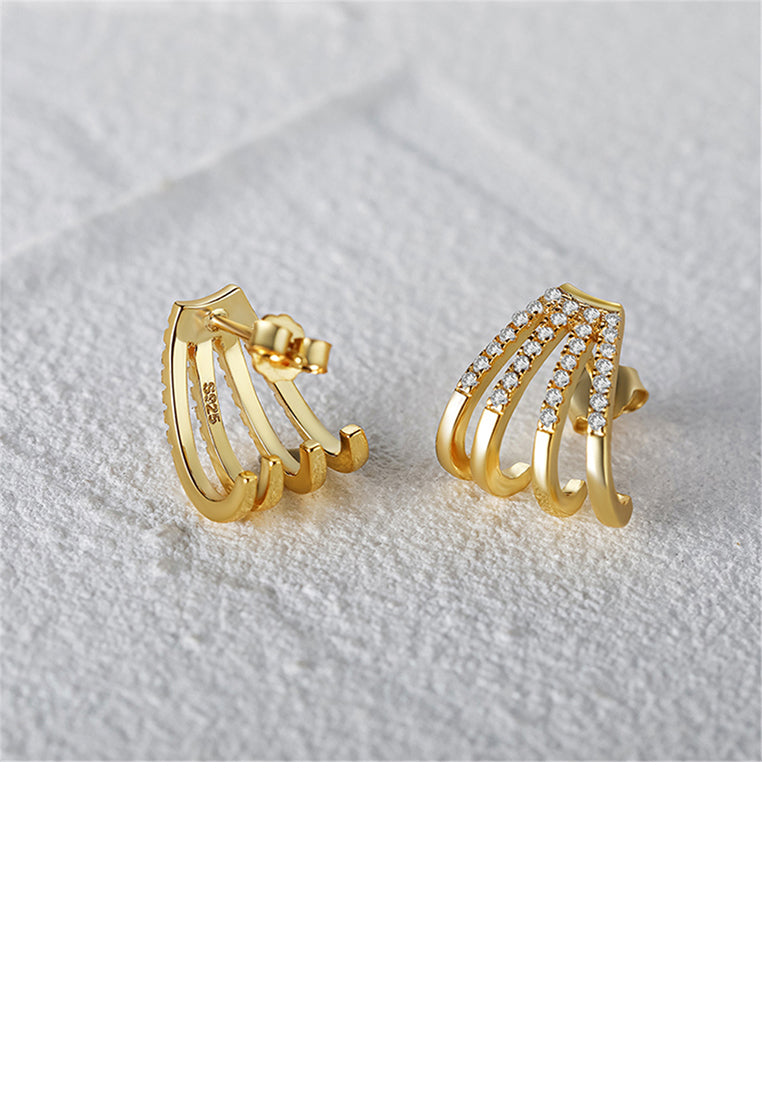 925 Sterling Silver Plated Gold Fashion Personality Hook Geometric Stud Earrings with Cubic Zirconia - Luxurious Look