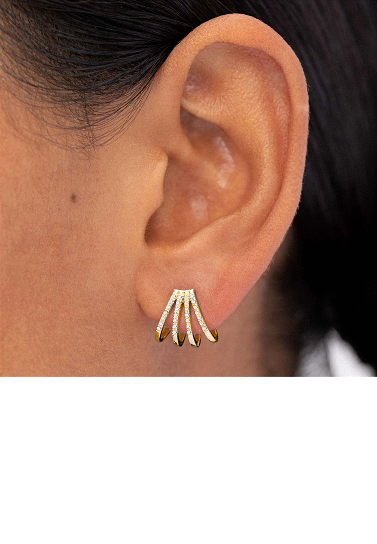 925 Sterling Silver Plated Gold Fashion Personality Hook Geometric Stud Earrings with Cubic Zirconia - Luxurious Look