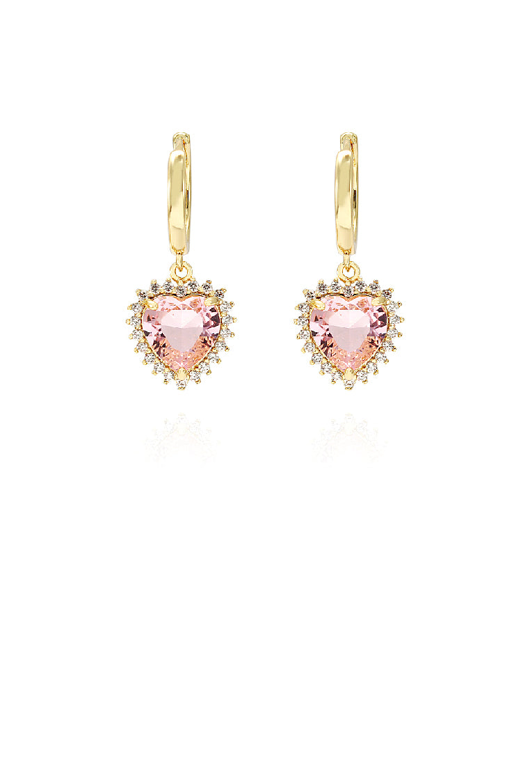 Fashion Simple Plated Gold Heart Earrings with Pink Cubic Zirconia - Luxurious Look - Vibrant Color