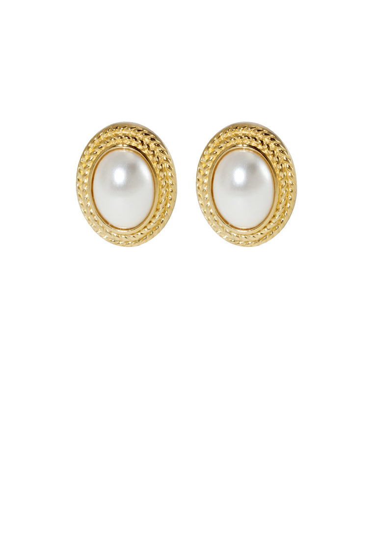 925 Sterling Silver Plated Gold Simple Elegant Lace Geometric Oval Stud Earrings with Imitation Pearls