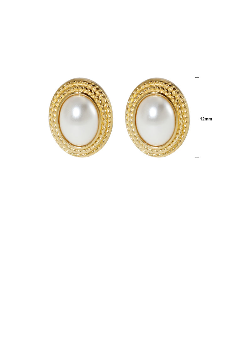 925 Sterling Silver Plated Gold Simple Elegant Lace Geometric Oval Stud Earrings with Imitation Pearls