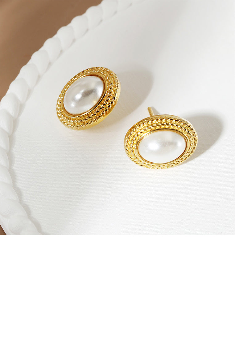 925 Sterling Silver Plated Gold Simple Elegant Lace Geometric Oval Stud Earrings with Imitation Pearls