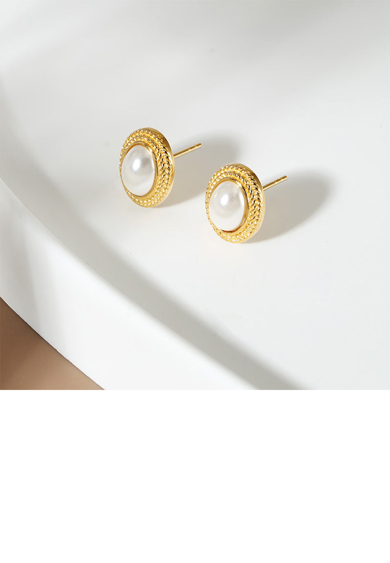 925 Sterling Silver Plated Gold Simple Elegant Lace Geometric Oval Stud Earrings with Imitation Pearls