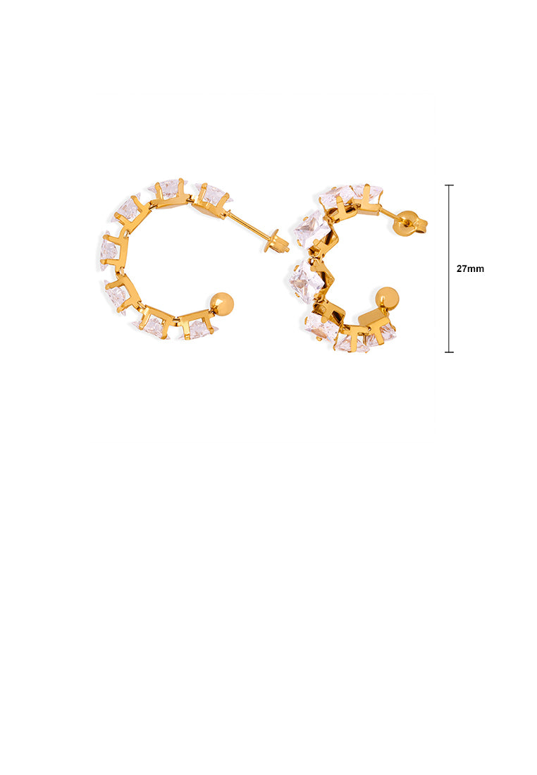 Simple and Fashion Plated Gold 316L Stainless Steel C-shaped Geometric Stud Earrings with Cubic Zirconia - Luxurious Look