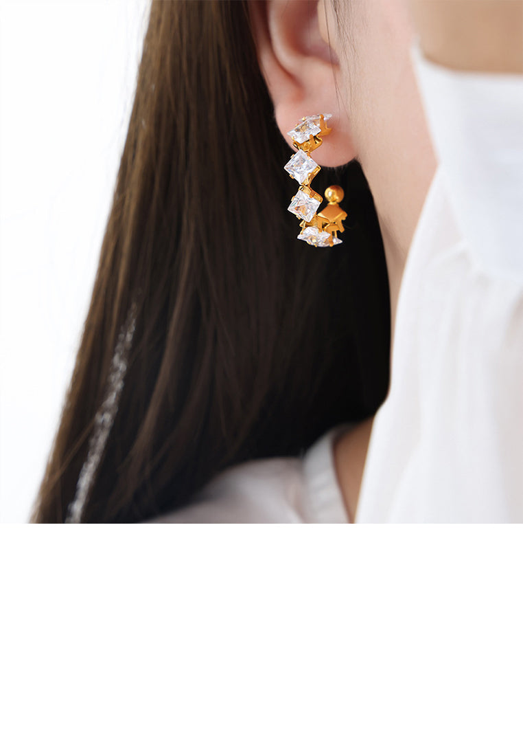 Simple and Fashion Plated Gold 316L Stainless Steel C-shaped Geometric Stud Earrings with Cubic Zirconia - Luxurious Look