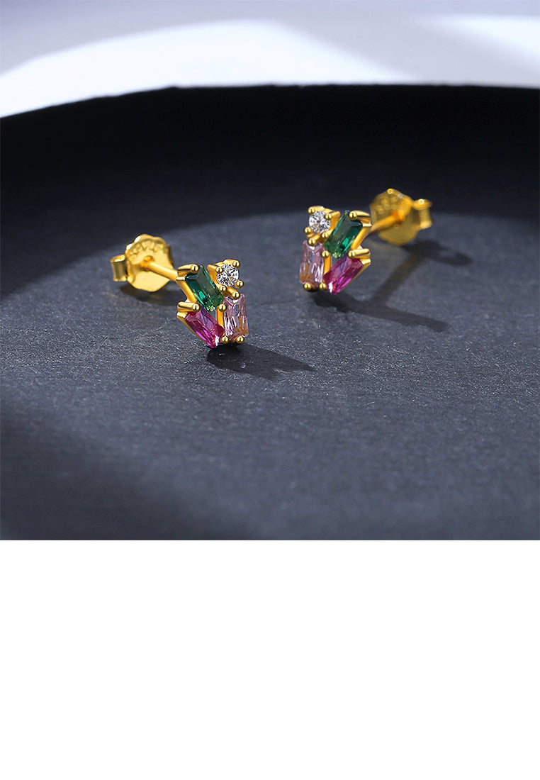 925 Sterling Silver Plated Gold Simple Fashion Geometric Stud Earrings with Colored Cubic Zirconia - Luxurious Look
