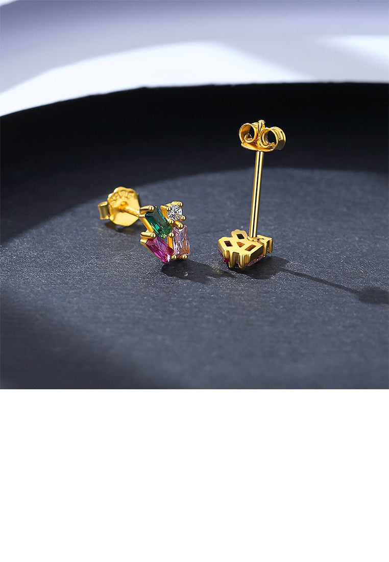 925 Sterling Silver Plated Gold Simple Fashion Geometric Stud Earrings with Colored Cubic Zirconia - Luxurious Look