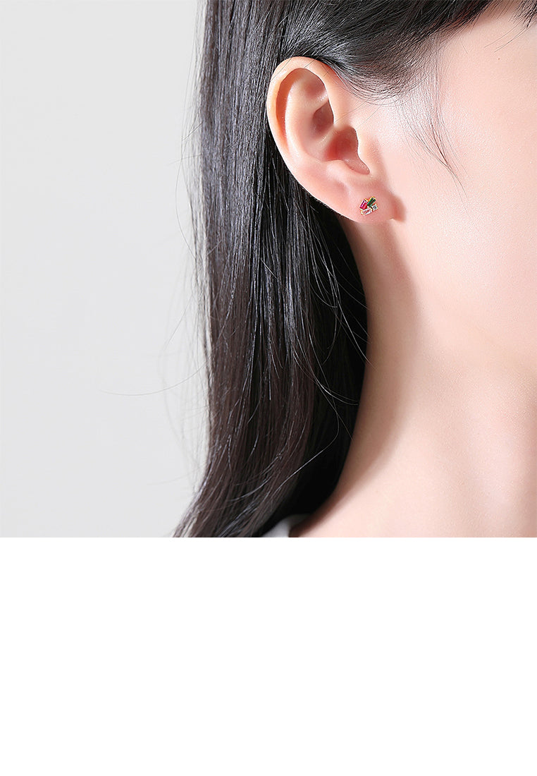 925 Sterling Silver Plated Gold Simple Fashion Geometric Stud Earrings with Colored Cubic Zirconia - Luxurious Look