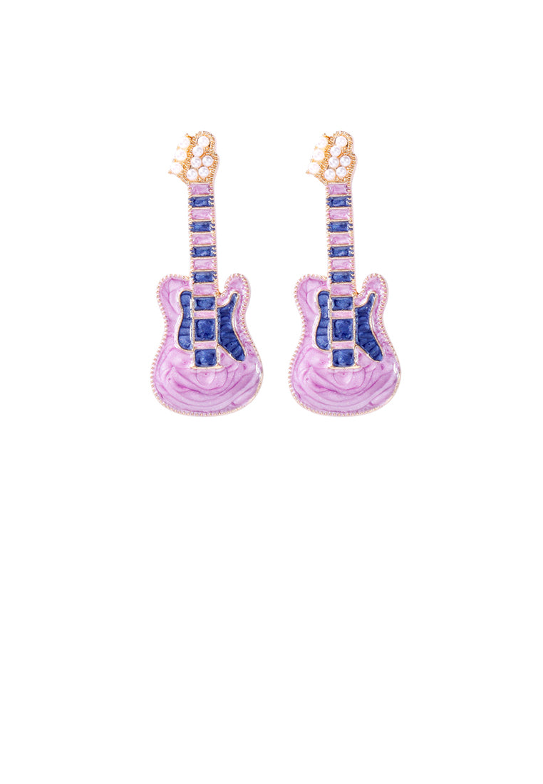 Fashion and Creative Plated Gold Enamel Purple Electric Guitar Stud Earrings with Imitation Pearls