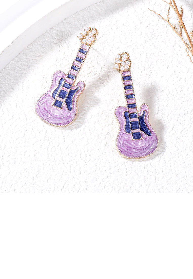 Fashion and Creative Plated Gold Enamel Purple Electric Guitar Stud Earrings with Imitation Pearls