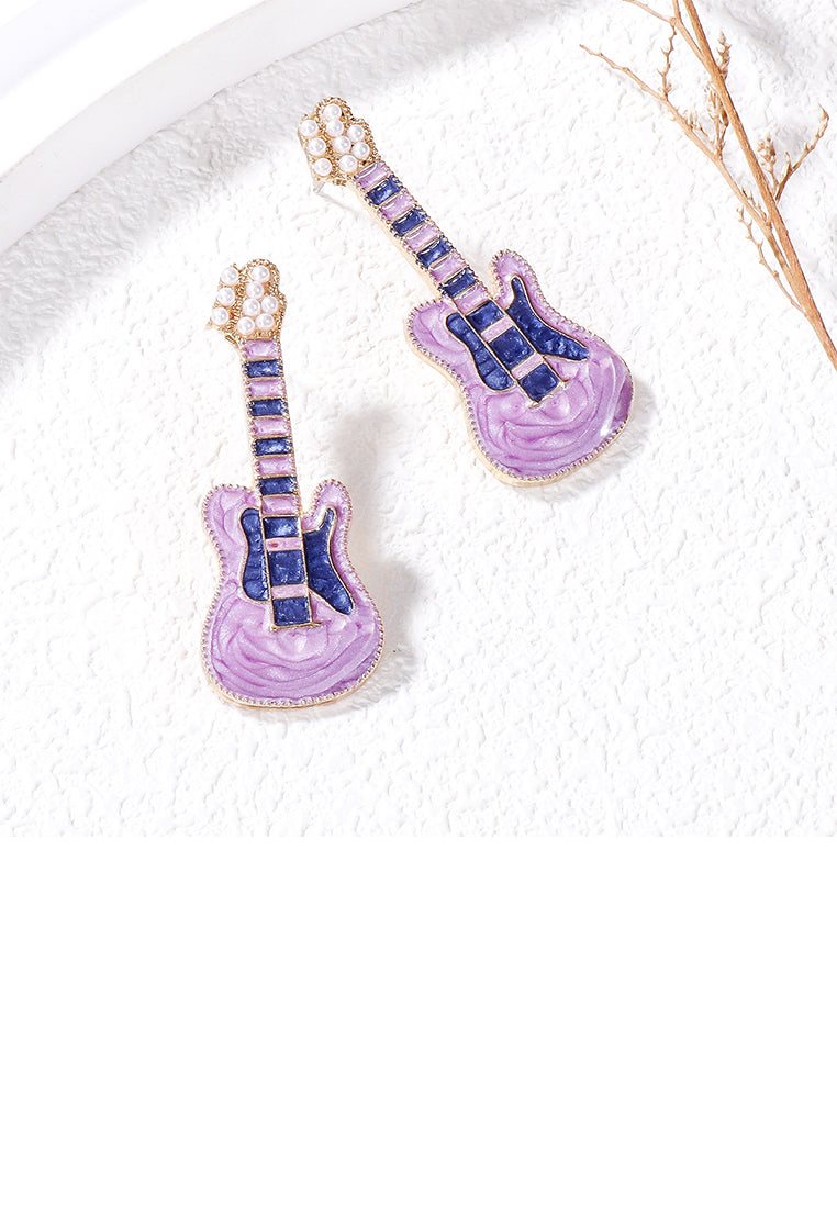 Fashion and Creative Plated Gold Enamel Purple Electric Guitar Stud Earrings with Imitation Pearls