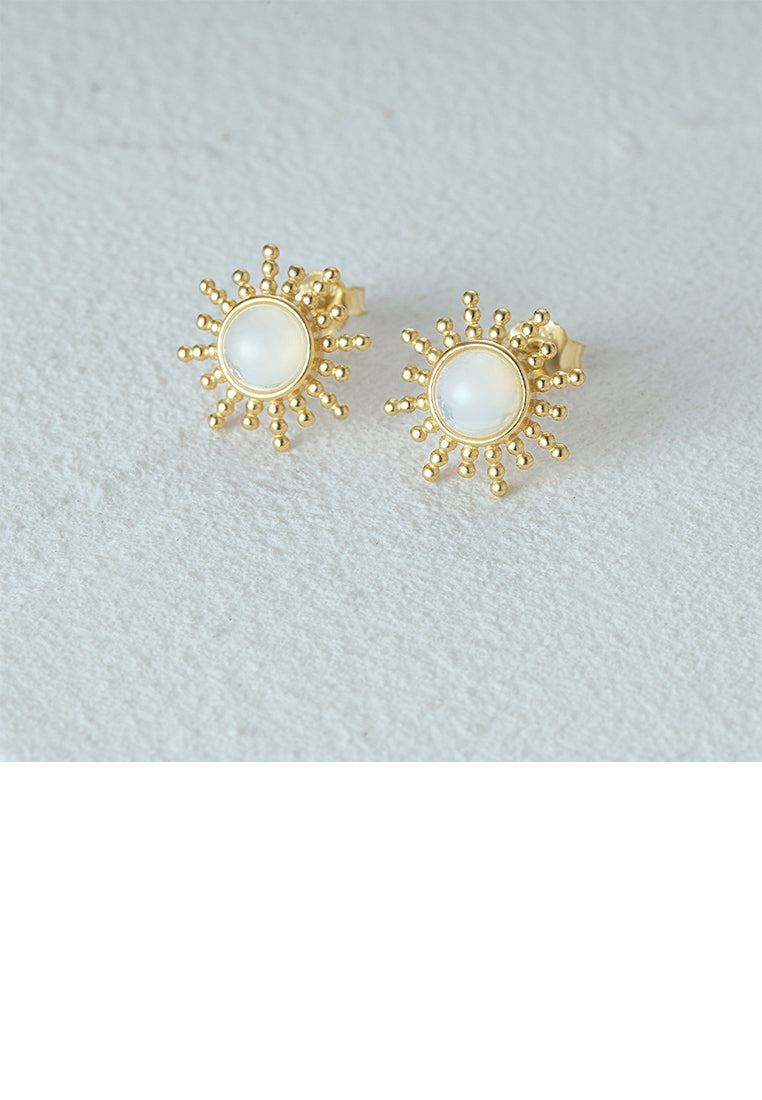 925 Sterling Silver Plated Gold Fashion Simple Sun Stud Earrings with Imitation Opal