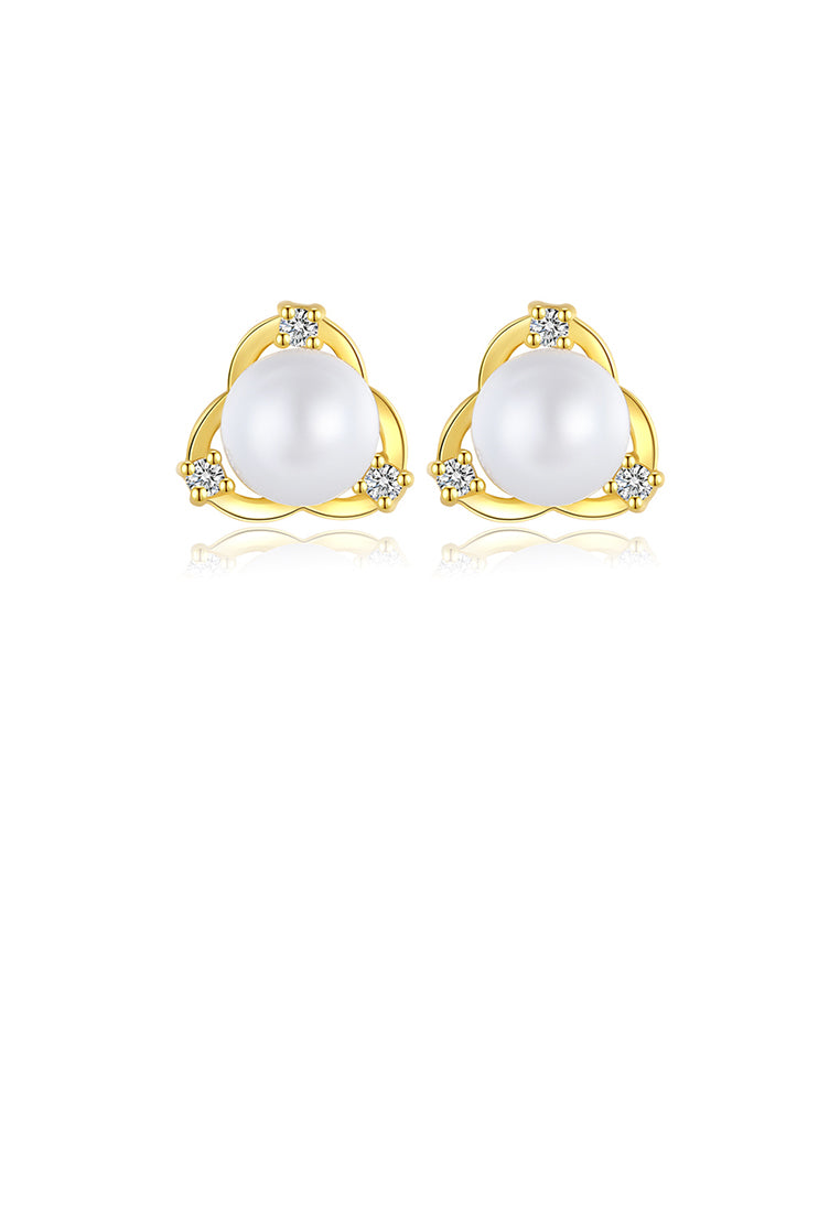 925 Sterling Silver Plated Gold Simple Elegant Triangular Imitation Pearl Stud Earrings with Cubic Zirconia - Luxurious Look