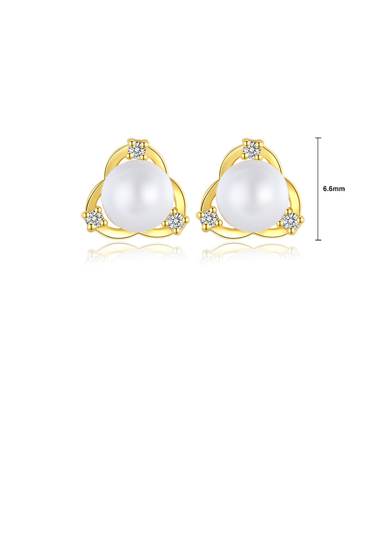925 Sterling Silver Plated Gold Simple Elegant Triangular Imitation Pearl Stud Earrings with Cubic Zirconia - Luxurious Look