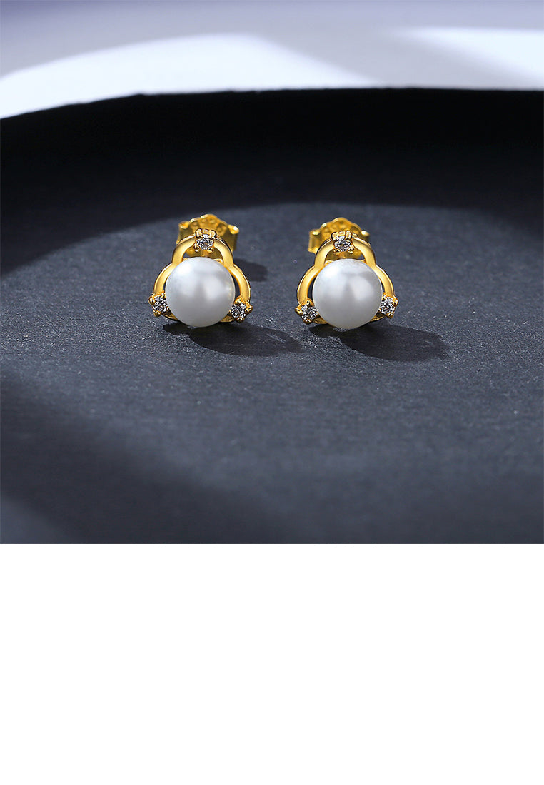 925 Sterling Silver Plated Gold Simple Elegant Triangular Imitation Pearl Stud Earrings with Cubic Zirconia - Luxurious Look