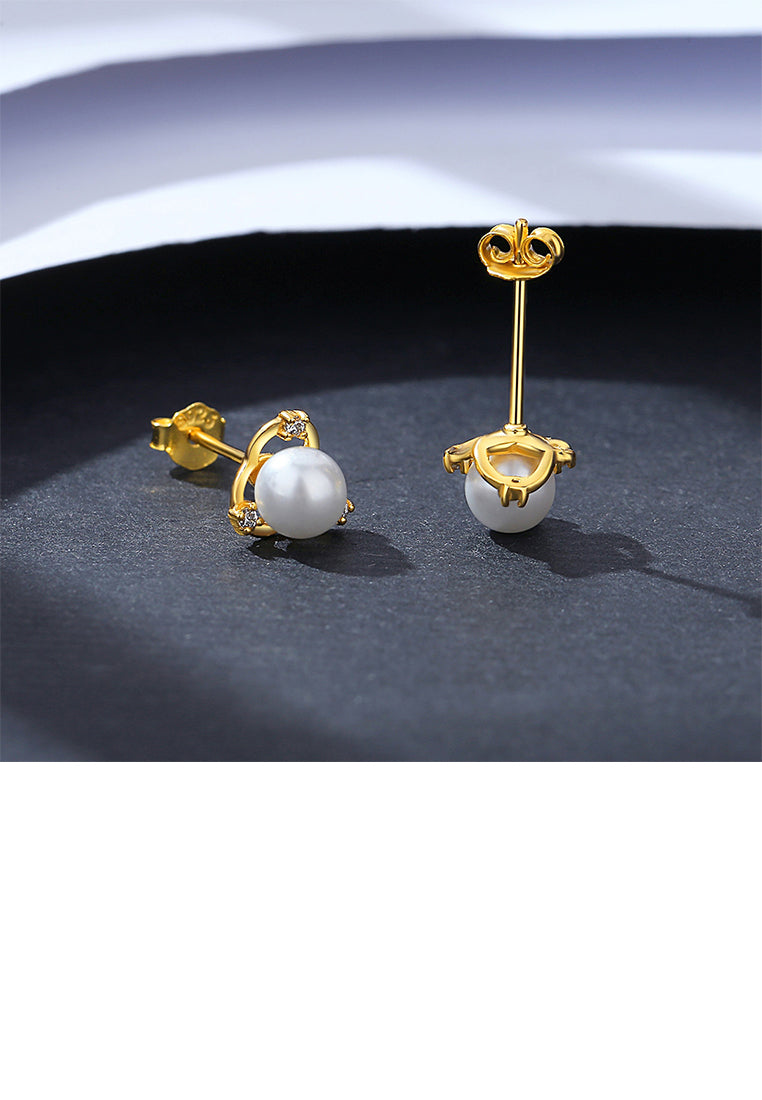 925 Sterling Silver Plated Gold Simple Elegant Triangular Imitation Pearl Stud Earrings with Cubic Zirconia - Luxurious Look