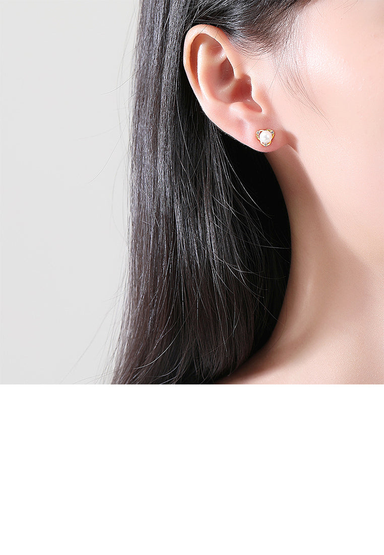 925 Sterling Silver Plated Gold Simple Elegant Triangular Imitation Pearl Stud Earrings with Cubic Zirconia - Luxurious Look